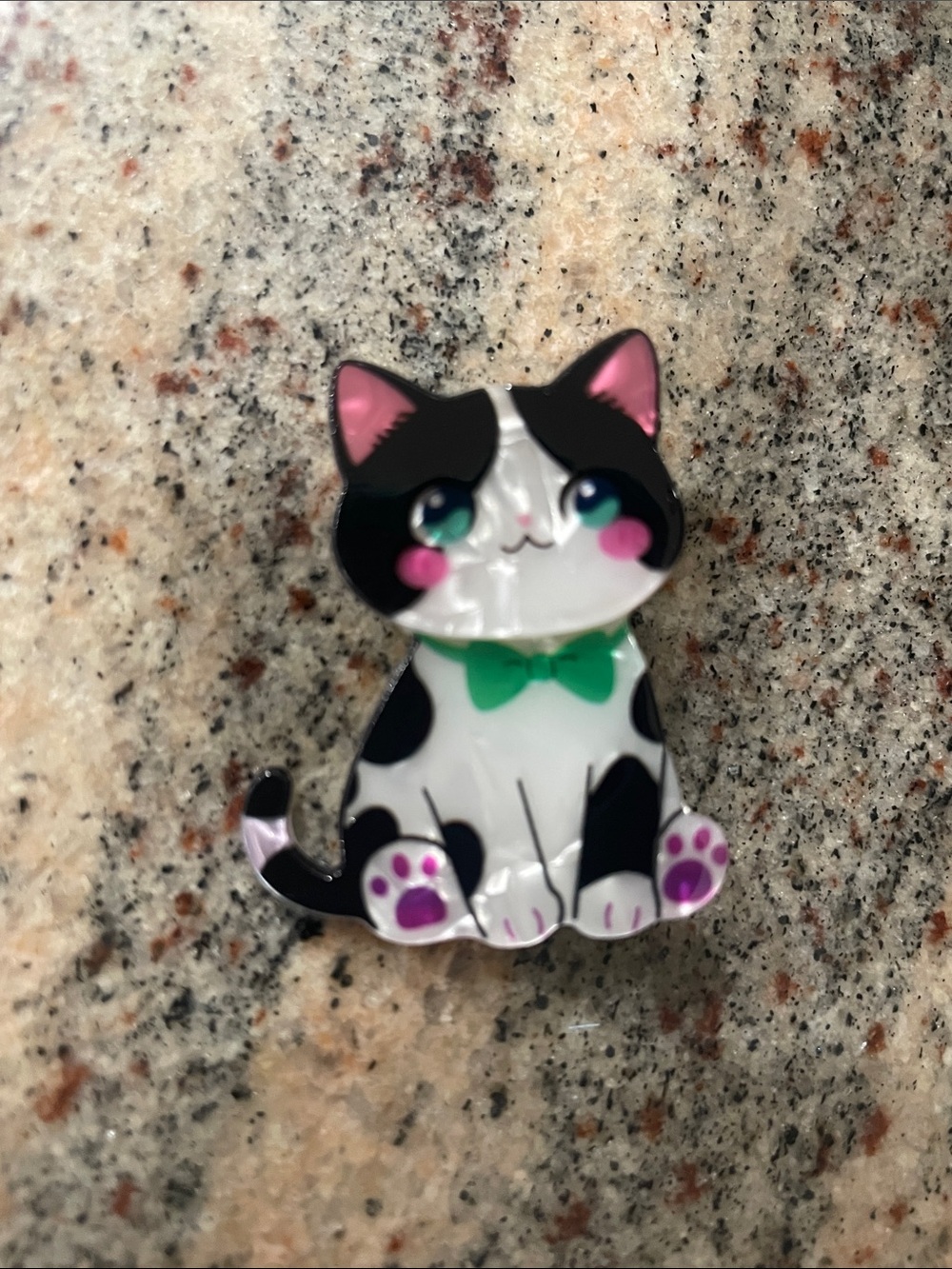 Black & White Cat Acrylic Pin with Green Bow